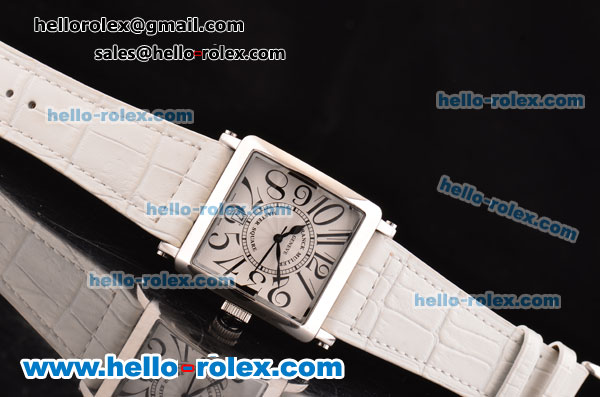 Franck Muller Master Square Swiss Quartz Steel Case with White Dial Numeral Markers and White Leather Strap - Click Image to Close